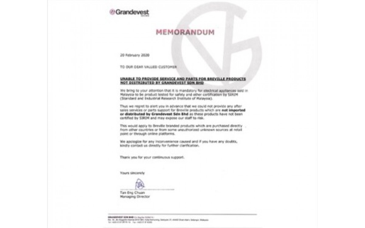 Unable to Provide Service and Parts for Berville Products Not Distributed by Grandevest Sdn Bhd
